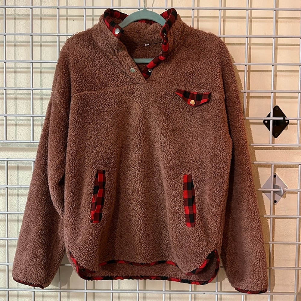 Dusty Rose Sherpa Pullover with Black & Red Plaid Trim